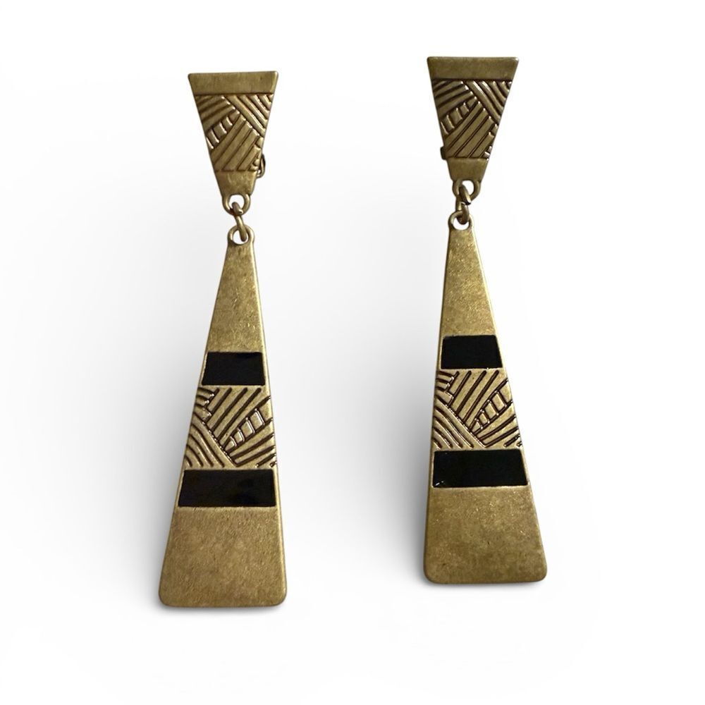 Tribal Geometric Drop Earrings – Aztec Boho Style, Gold Tone Clip-On Earrings